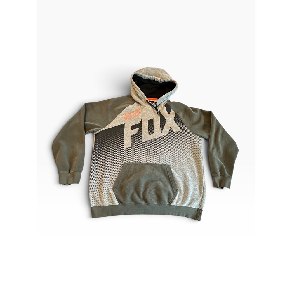 Fox Racing Pullover Hoodie Mens XL Gray Green Graphic Raglan Sweatshirt